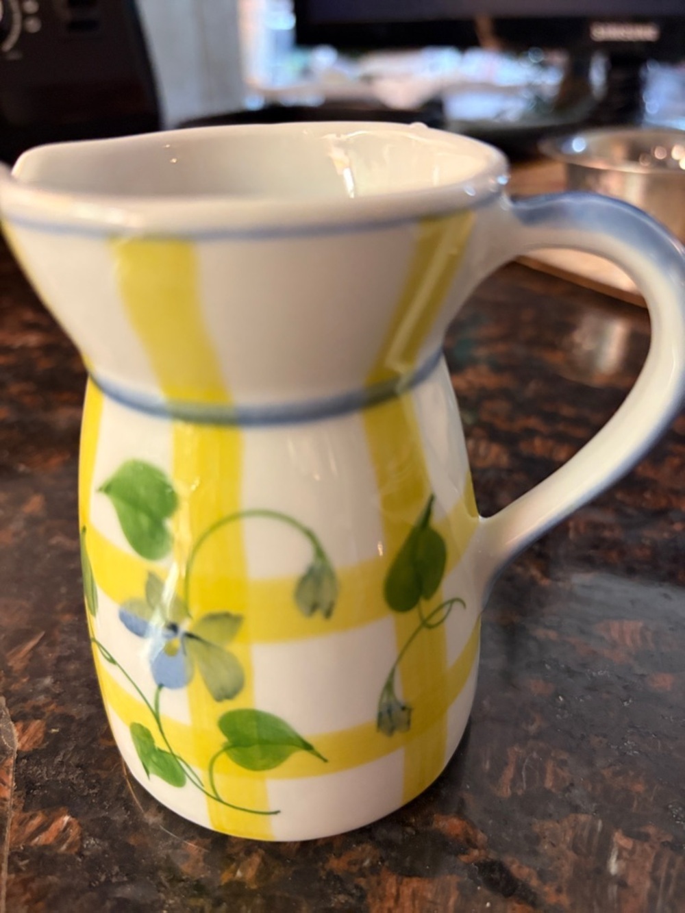 Andrea by Sadek  yellow lattice and violet Vintage hand painted 6 oz creamer.